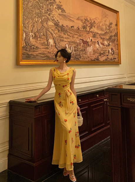 Classy Mermaid Yellow Floral Long 18th Birthday Dress Party Gown 21st Birthday Outfits Birthday Dress Ideas For Women DP1293