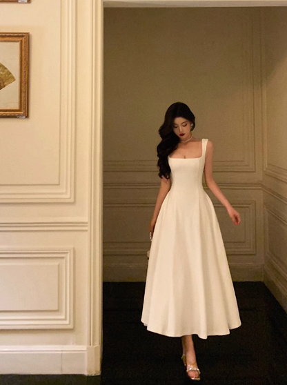 Elegant A line Square White Sleeveless 21st Birthday Dress Party Gown Birthday Outfits Birthday Dress Ideas For Women DP1303