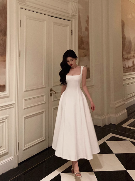 Elegant A line Square White Sleeveless 21st Birthday Dress Party Gown Birthday Outfits Birthday Dress Ideas For Women DP1303