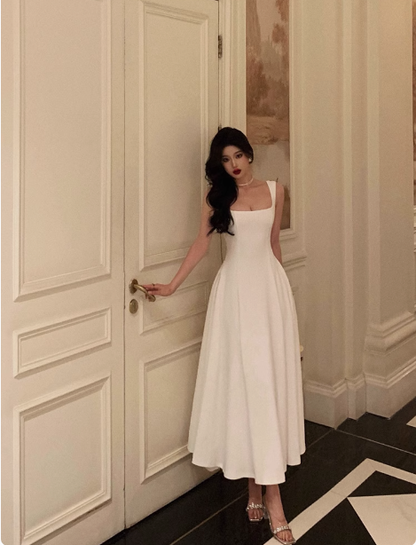 Elegant A line Square White Sleeveless 21st Birthday Dress Party Gown Birthday Outfits Birthday Dress Ideas For Women DP1303