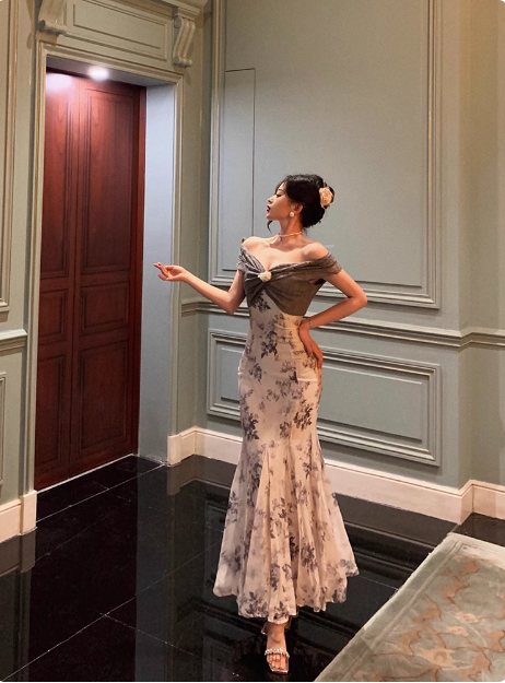 Classy Mermaid Off The Shoulder Floral Long 18th Birthday Dress Party Gown 21st Birthday Outfits Birthday Dress Ideas For Women DP1304