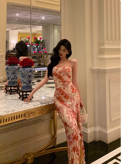 Elegant Mermaid Strapless Pink Floral Sleeveless 21st Birthday Dress Party Gown Birthday Outfits Birthday Dress Ideas For Women DP1306