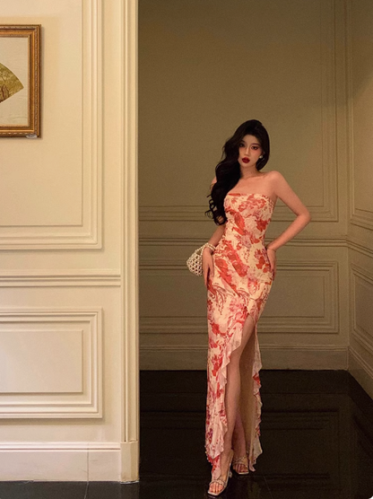 Elegant Mermaid Strapless Pink Floral Sleeveless 21st Birthday Dress Party Gown Birthday Outfits Birthday Dress Ideas For Women DP1306