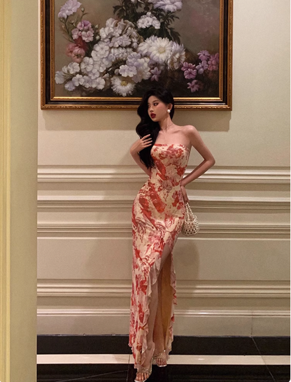 Elegant Mermaid Strapless Pink Floral Sleeveless 21st Birthday Dress Party Gown Birthday Outfits Birthday Dress Ideas For Women DP1306