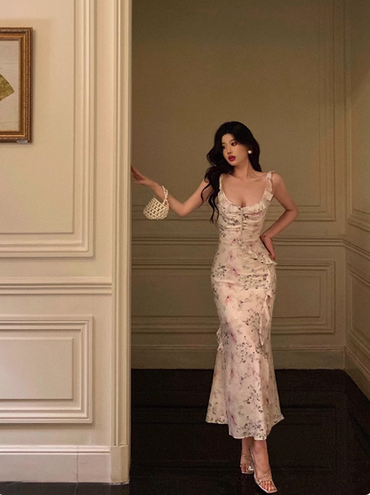 Classy Mermaid Square Floral Chiffon Long 18th Birthday Dress Party Gown 21st Birthday Outfits Birthday Dress Ideas For Women DP1308