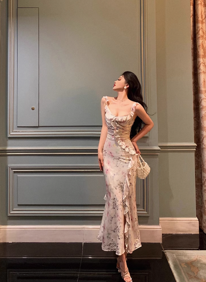 Classy Mermaid Square Floral Chiffon Long 18th Birthday Dress Party Gown 21st Birthday Outfits Birthday Dress Ideas For Women DP1308