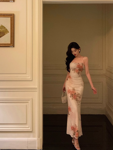 Classy Mermaid Spaghetti Straps Floral Chiffon Long 18th Birthday Dress Party Gown 21st Birthday Outfits Birthday Dress Ideas For Women DP1309