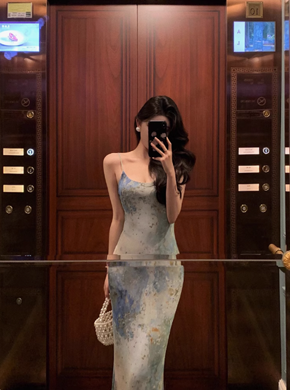 Classy Mermaid Spaghetti Straps Green Floral Chiffon Long 18th Birthday Dress Party Gown 21st Birthday Outfits Birthday Dress Ideas For Women DP1310