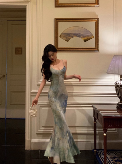 Classy Mermaid Spaghetti Straps Green Floral Chiffon Long 18th Birthday Dress Party Gown 21st Birthday Outfits Birthday Dress Ideas For Women DP1310