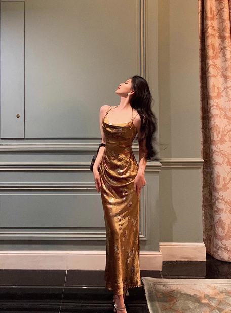 Classy Mermaid Spaghetti Straps Gold Satin Long 18th Birthday Dress Party Gown 21st Birthday Outfits Birthday Dress Ideas For Women DP1311