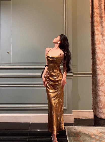 Classy Mermaid Spaghetti Straps Gold Satin Long 18th Birthday Dress Party Gown 21st Birthday Outfits Birthday Dress Ideas For Women DP1311