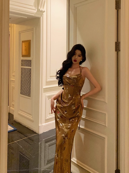 Classy Mermaid Spaghetti Straps Gold Satin Long 18th Birthday Dress Party Gown 21st Birthday Outfits Birthday Dress Ideas For Women DP1311