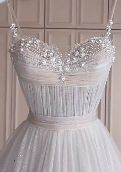 Classic Bridal Gown A Line Spaghetti Straps Tulle White Wedding Dresses Minimalist Bridal Gowns DP1317