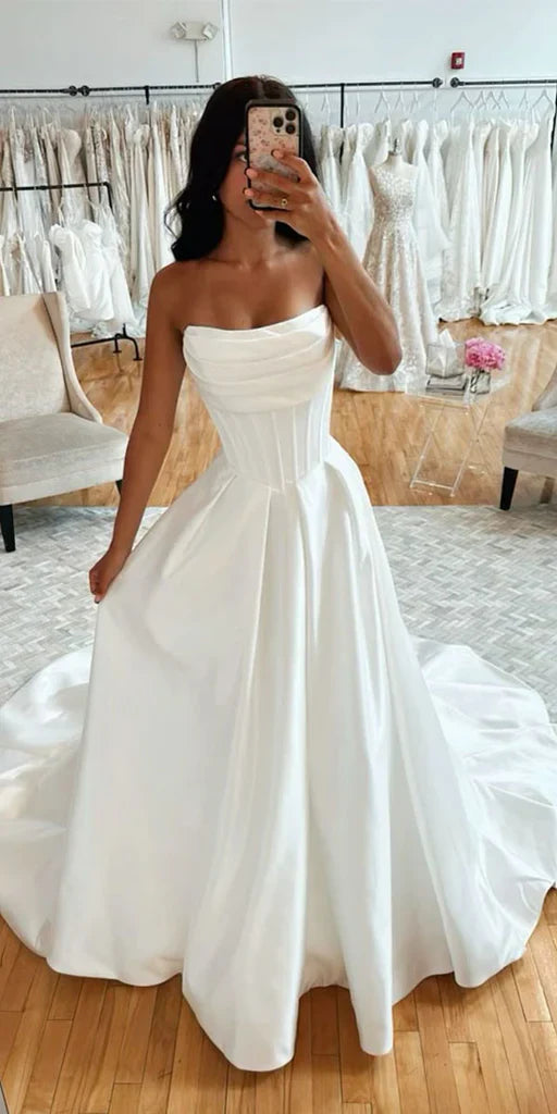 Classic Bridal Gown A Line Sweetheart Satin White Wedding Dresses Minimalist Bridal Gowns DP1319