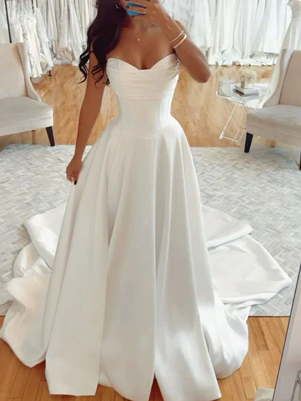 Classic Bridal Gown A Line Sweetheart Satin White Wedding Dresses Minimalist Bridal Gowns DP1319