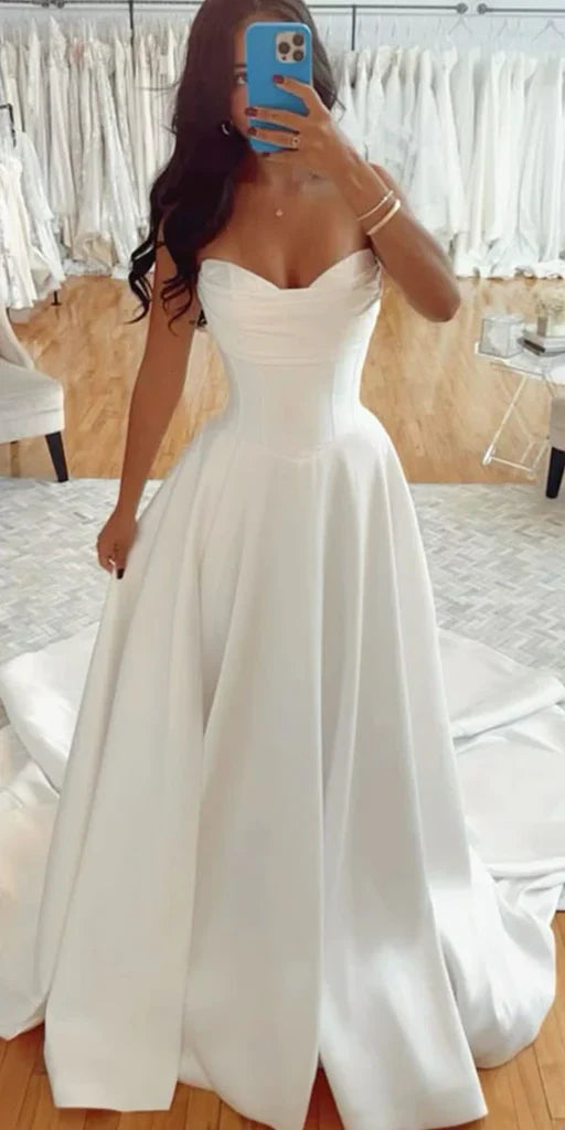 Classic Bridal Gown A Line Sweetheart Satin White Wedding Dresses Minimalist Bridal Gowns DP1319