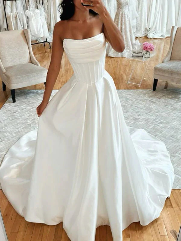 Classic Bridal Gown A Line Sweetheart Satin White Wedding Dresses Minimalist Bridal Gowns DP1319