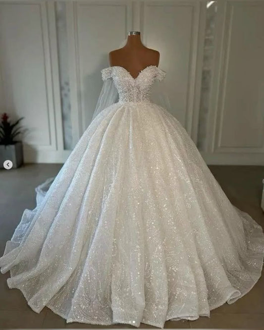 Ethereal Wedding Dress Ball Gown Off The Shoulder Sequin White Wedding Dresses Bridal Gowns DP1322