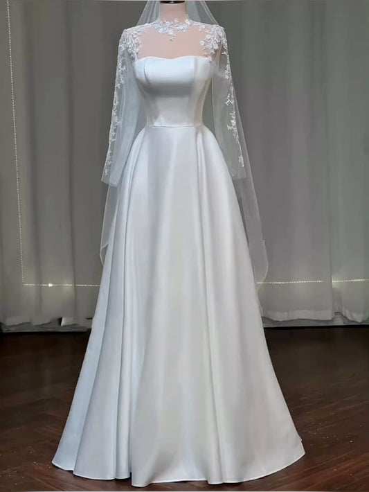 Classic Bridal Gown Ball Gown White Satin Wedding Dresses Minimalist Bridal Gowns DP1341