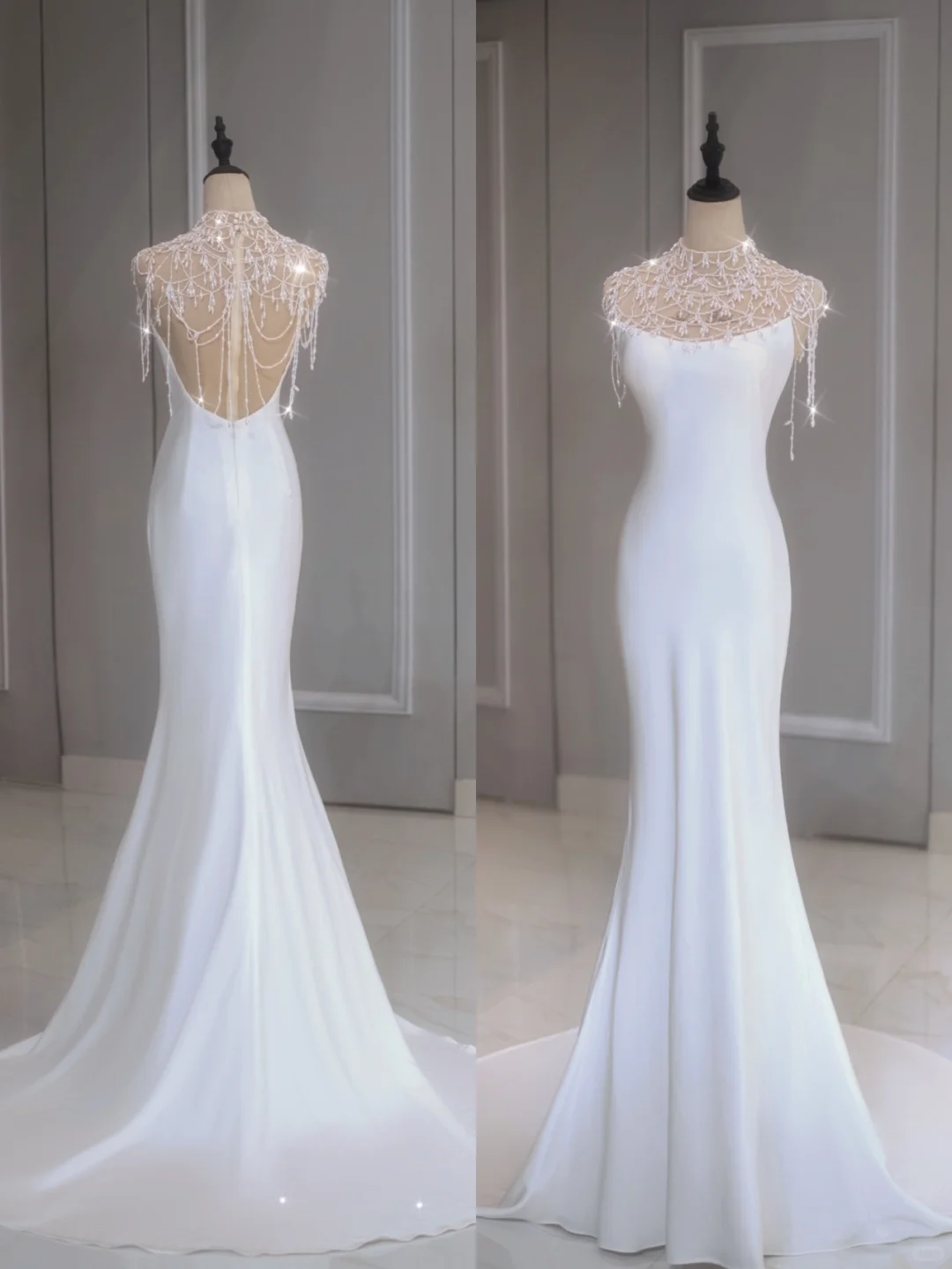 Ethereal Wedding Dress Mermaid High Neck Long White Wedding Dresses Bridal Gowns DP1351