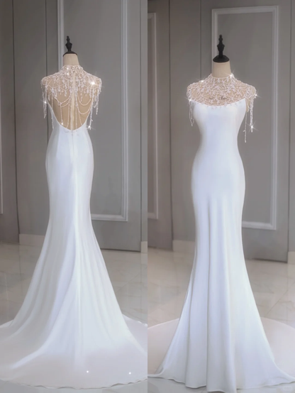 Ethereal Wedding Dress Mermaid High Neck Long White Wedding Dresses Bridal Gowns DP1351