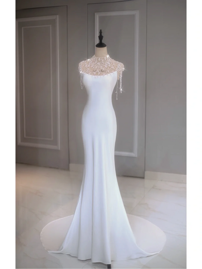 Ethereal Wedding Dress Mermaid High Neck Long White Wedding Dresses Bridal Gowns DP1351