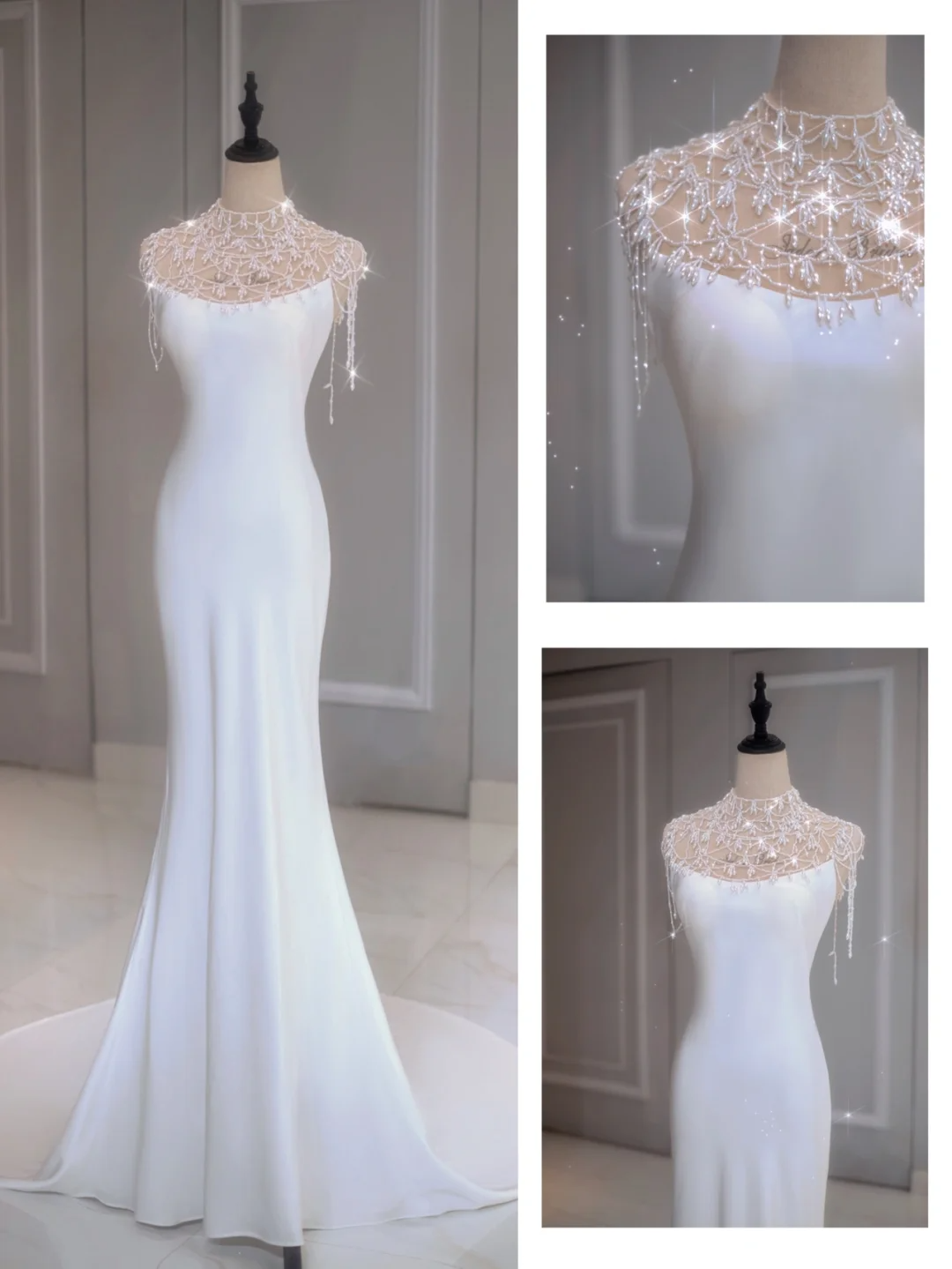 Ethereal Wedding Dress Mermaid High Neck Long White Wedding Dresses Bridal Gowns DP1351