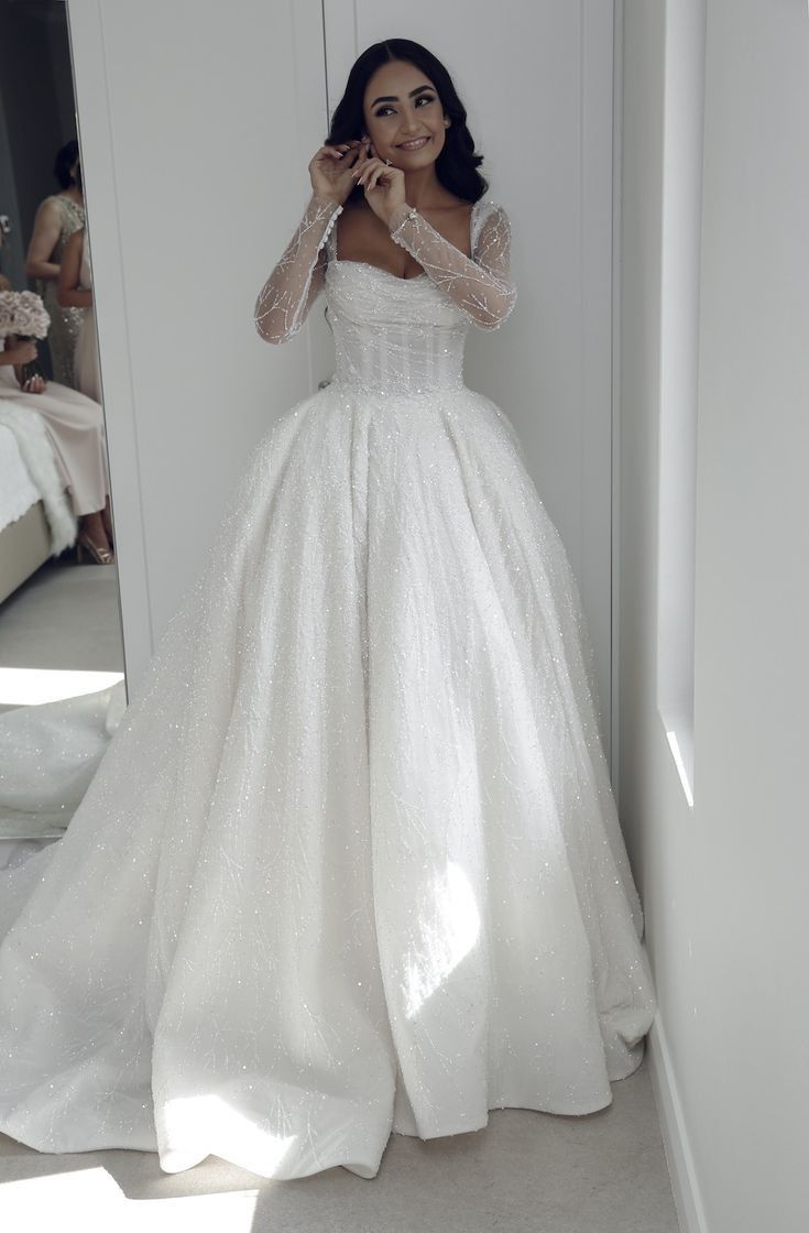 Ethereal Wedding Dress Ball Gown Square Neck Long Sleeves White Wedding Dresses Bridal Gowns DP1353