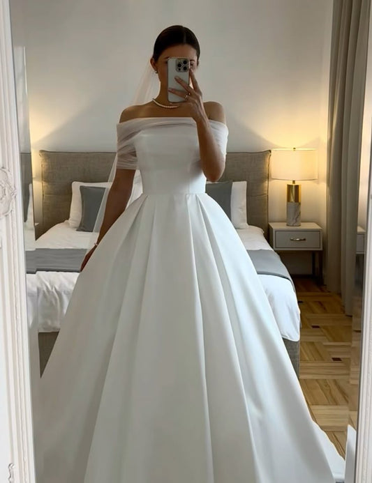 Simple Wedding Dress Ball Gown Off The Shoulder White Wedding Dresses Bridal Gowns DP1355