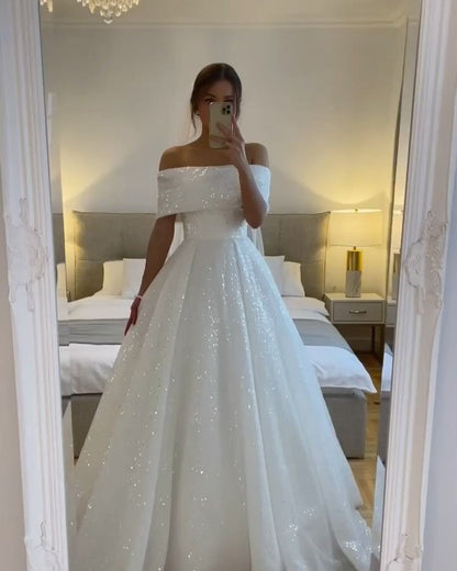 Simple Wedding Dress Ball Gown Off The Shoulder White Sequin Wedding Dresses Bridal Gowns DP1357