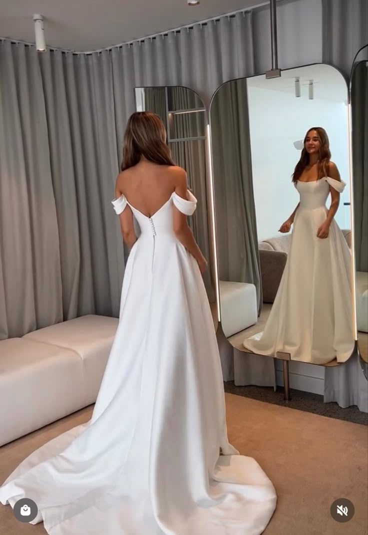 Simple Wedding Dress A line Off The Shoulder Satin White Wedding Dresses Bridal Gowns DP1364
