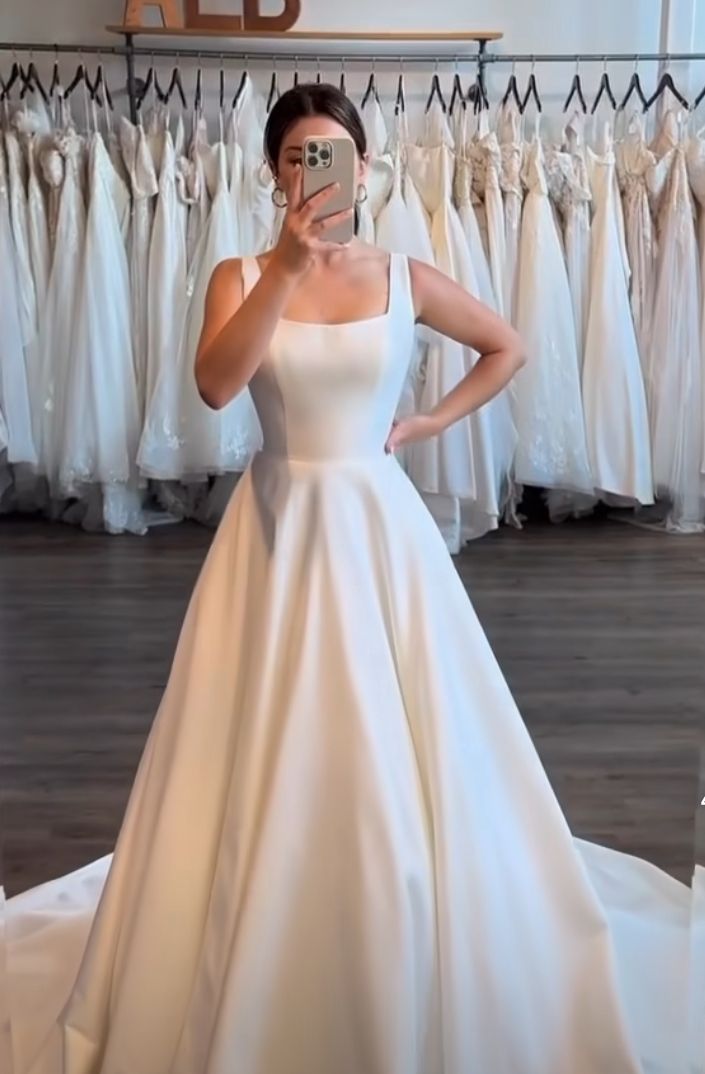 Classic Bridal Gown A line Square Satin White Summer Long Wedding Dresses Minimalist Bridal Gowns DP1380