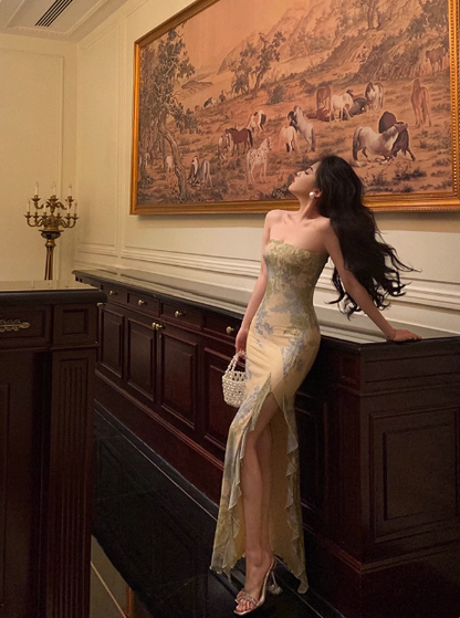 Elegant Mermaid Strapless Green Floral Sleeveless 21st Birthday Dress Party Gown Birthday Outfits Birthday Dress Ideas For Women DP1383