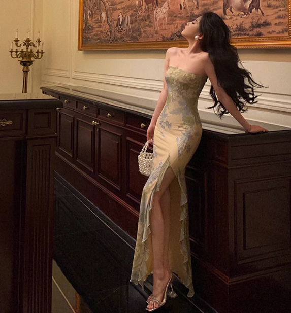 Elegant Mermaid Strapless Green Floral Sleeveless 21st Birthday Dress Party Gown Birthday Outfits Birthday Dress Ideas For Women DP1383