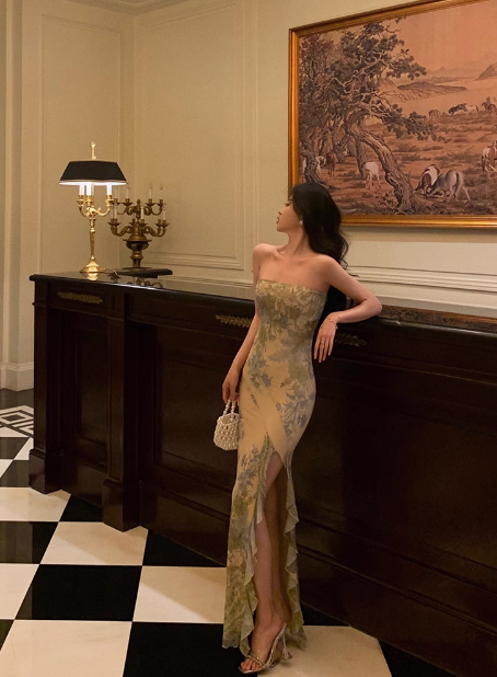 Elegant Mermaid Strapless Green Floral Sleeveless 21st Birthday Dress Party Gown Birthday Outfits Birthday Dress Ideas For Women DP1383