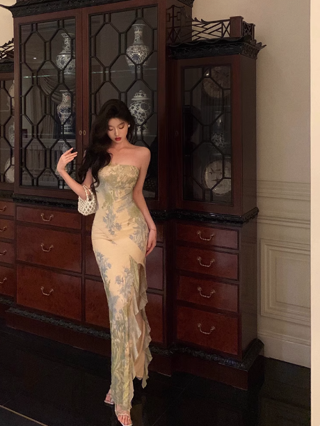 Elegant Mermaid Strapless Green Floral Sleeveless 21st Birthday Dress Party Gown Birthday Outfits Birthday Dress Ideas For Women DP1383