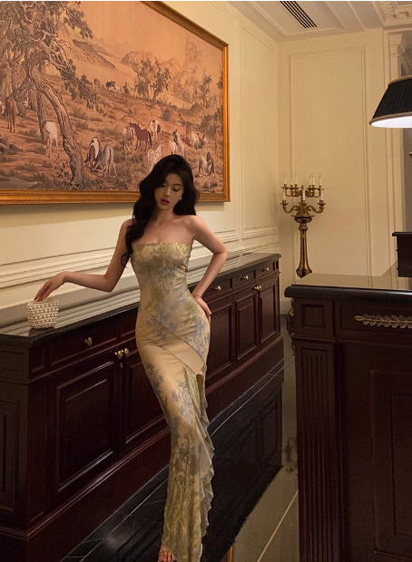 Elegant Mermaid Strapless Green Floral Sleeveless 21st Birthday Dress Party Gown Birthday Outfits Birthday Dress Ideas For Women DP1383