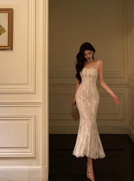 Elegant Mermaid Spaghetti Straps White Sleeveless 21st Birthday Dress Party Gown Birthday Outfits Birthday Dress Ideas For Women DP1393