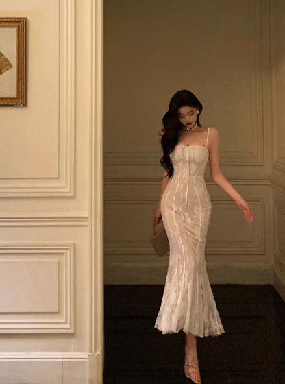 Elegant Mermaid Spaghetti Straps White Sleeveless 21st Birthday Dress Party Gown Birthday Outfits Birthday Dress Ideas For Women DP1393