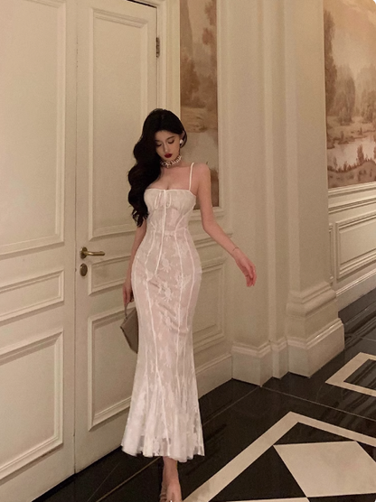 Elegant Mermaid Spaghetti Straps White Sleeveless 21st Birthday Dress Party Gown Birthday Outfits Birthday Dress Ideas For Women DP1393