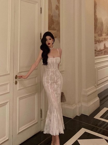 Elegant Mermaid Spaghetti Straps White Sleeveless 21st Birthday Dress Party Gown Birthday Outfits Birthday Dress Ideas For Women DP1393