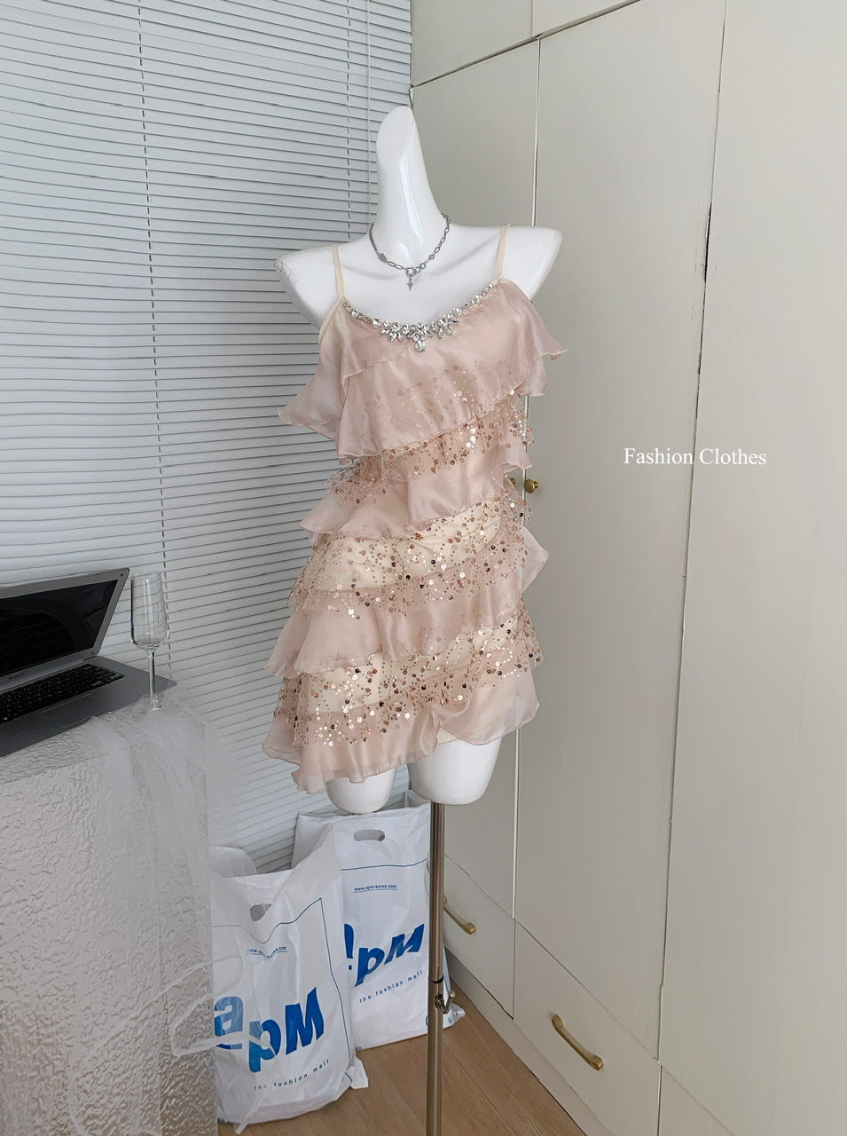 Sweet A Line Spaghetti Straps Pink Sequin Casual Dress Summer Short Holiday Dresses DP1398