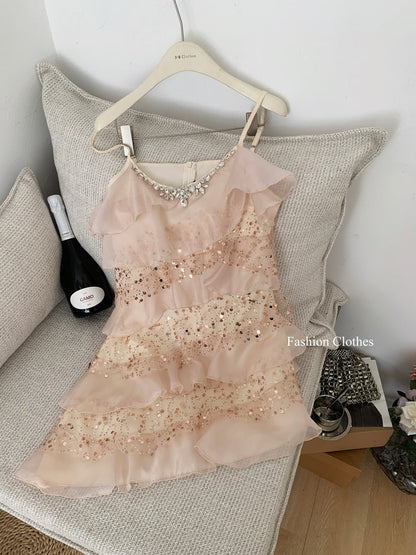 Sweet A Line Spaghetti Straps Pink Sequin Casual Dress Summer Short Holiday Dresses DP1398