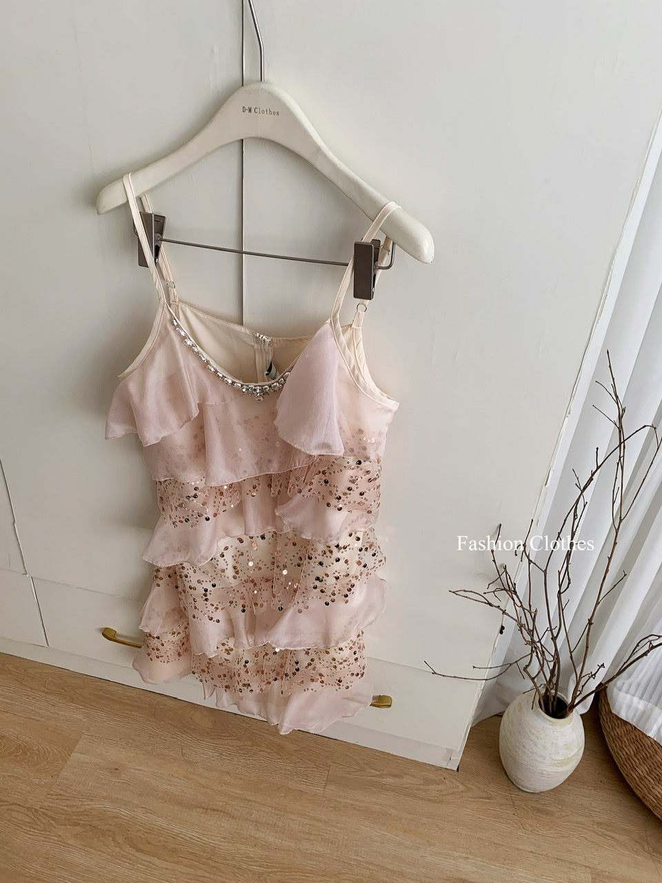 Sweet A Line Spaghetti Straps Pink Sequin Casual Dress Summer Short Holiday Dresses DP1398