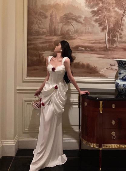 Elegant Mermaid Straps White Satin Sleeveless 21st Birthday Dresses Evening Gown Birthday Outfits Birthday Dress Ideas For Women DP1410