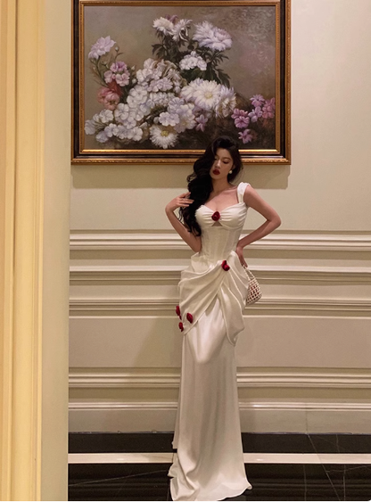 Elegant Mermaid Straps White Satin Sleeveless 21st Birthday Dresses Evening Gown Birthday Outfits Birthday Dress Ideas For Women DP1410