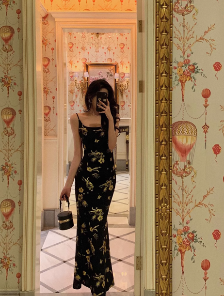 Elegant Sheath Black Floral Satin Sleeveless 23rd Birthday Dress Party Gown Birthday Outfits Birthday Dress Ideas For Women DP1418