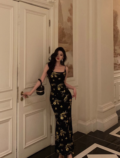 Elegant Sheath Black Floral Satin Sleeveless 23rd Birthday Dress Party Gown Birthday Outfits Birthday Dress Ideas For Women DP1418