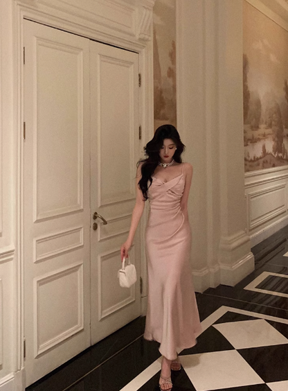 Elegant Sheath Spaghetti Straps Pink Satin Sleeveless 23rd Birthday Dress Party Gown Birthday Outfits Birthday Dress Ideas For Women DP1421