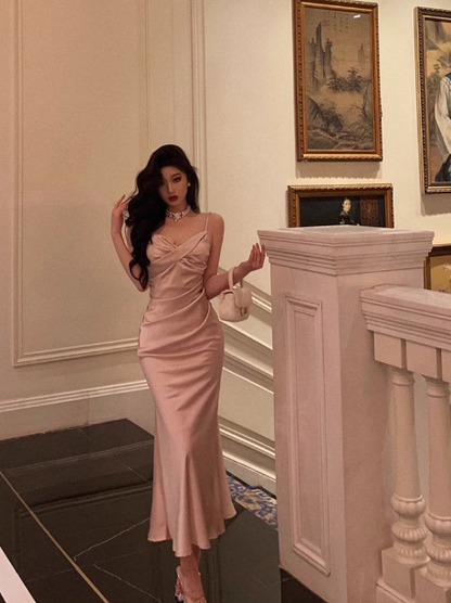 Elegant Sheath Spaghetti Straps Pink Satin Sleeveless 23rd Birthday Dress Party Gown Birthday Outfits Birthday Dress Ideas For Women DP1421